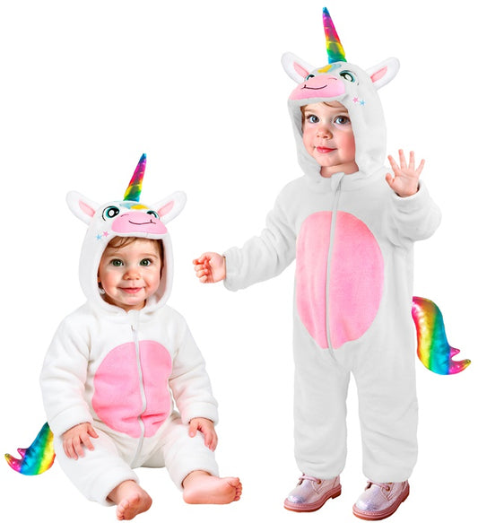 Einhorn Plüschkostüm Overall mit Kapuze in weiss und bunten Details
