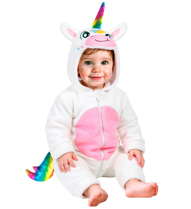 Einhorn Plüschkostüm Overall mit Kapuze in weiss und bunten Details