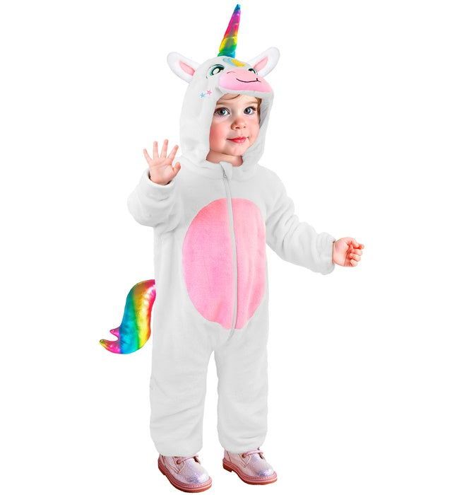 Einhorn Plüschkostüm Overall mit Kapuze in weiss und bunten Details