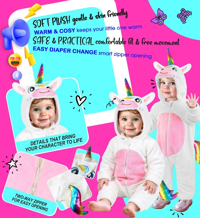 Einhorn Plüschkostüm Overall mit Kapuze in weiss und bunten Details