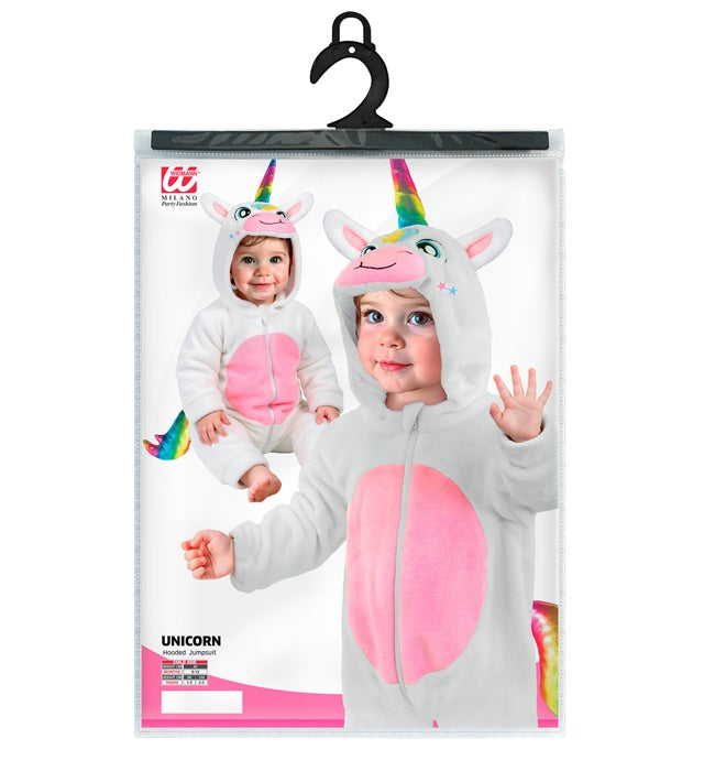 Einhorn Plüschkostüm Overall mit Kapuze in weiss und bunten Details