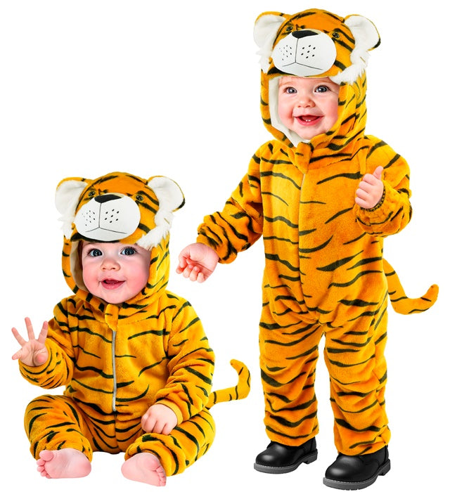 Tiger Plüschkostüm Overall mit Kapuze aus Samtstoff für Fasnacht und Karneval