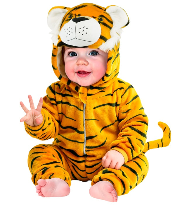 Tiger Plüschkostüm Overall mit Kapuze aus Samtstoff für Fasnacht und Karneval
