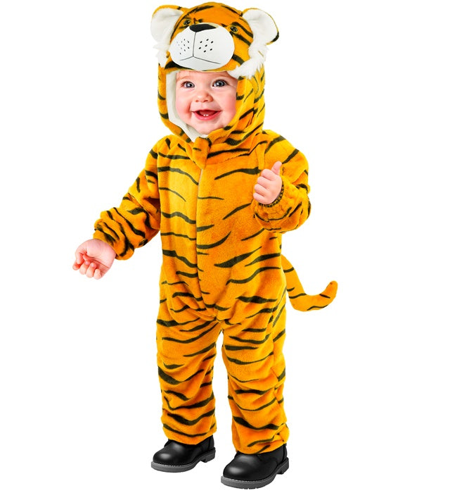 Tiger Plüschkostüm Overall mit Kapuze aus Samtstoff für Fasnacht und Karneval