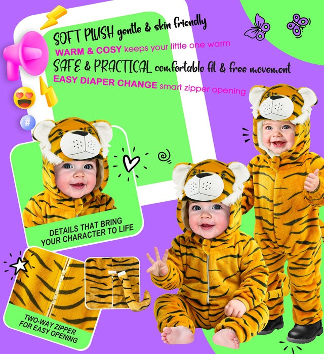 Tiger Plüschkostüm Overall mit Kapuze aus Samtstoff für Fasnacht und Karneval