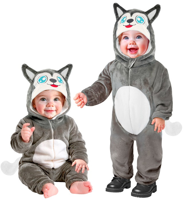 Husky Plüschkostüm mit Kapuze als Overall für Fasnacht und Mottoparty