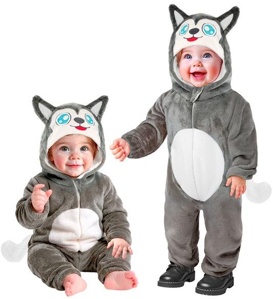 Husky Plüschkostüm mit Kapuze als Overall für Fasnacht und Mottoparty