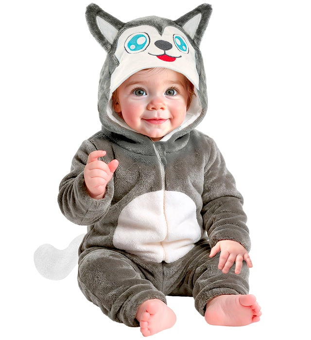 Husky Plüschkostüm mit Kapuze als Overall für Fasnacht und Mottoparty