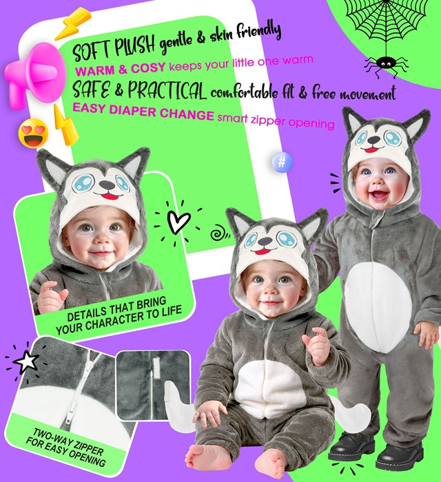 Husky Plüschkostüm mit Kapuze als Overall für Fasnacht und Mottoparty