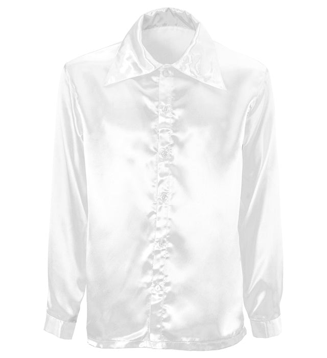 Weisses 70er Jahre Discohemd aus Satin mit weitem Kragen