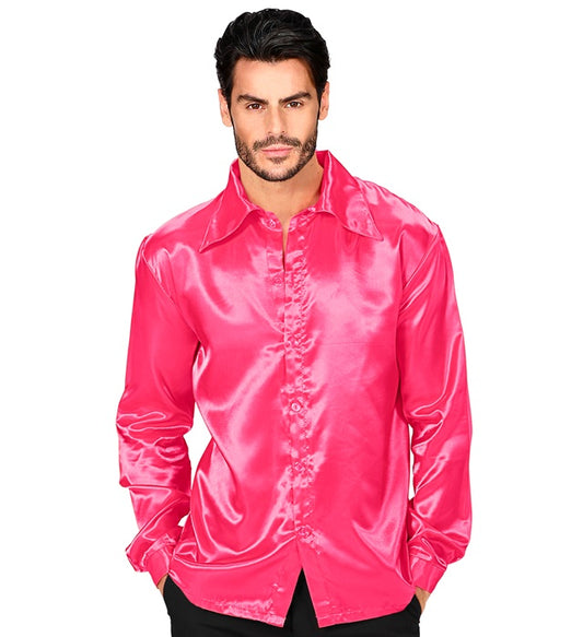 Pinkes glänzendes Discohemd im 70er Jahre Stil aus Satin