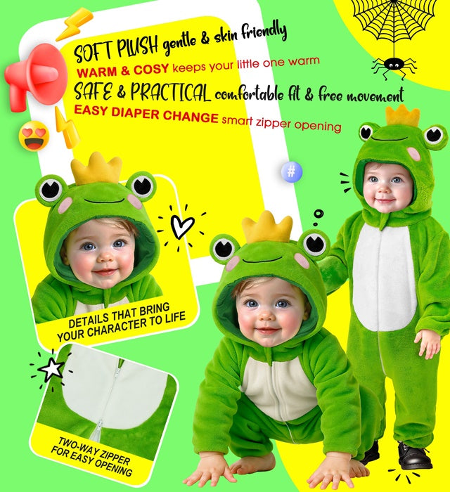 Grünes Frosch Plüschkostüm mit Kapuze und Overall für Fasnacht