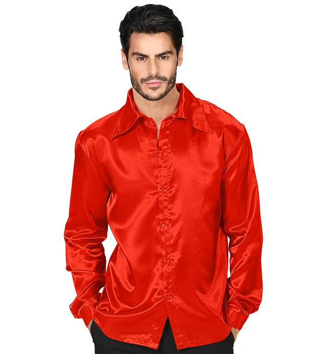 Rotes 70er Jahre Discohemd aus glänzendem Satin mit weitem Kragen