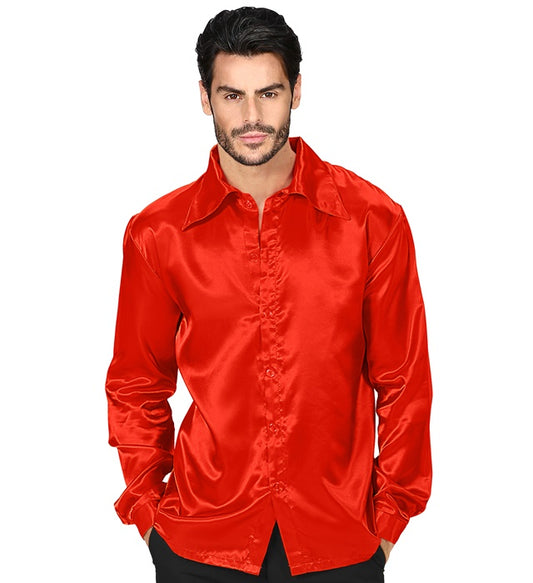 Rotes 70er Jahre Discohemd aus glänzendem Satin mit weitem Kragen