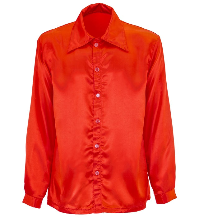 Rotes 70er Jahre Discohemd aus glänzendem Satin mit weitem Kragen