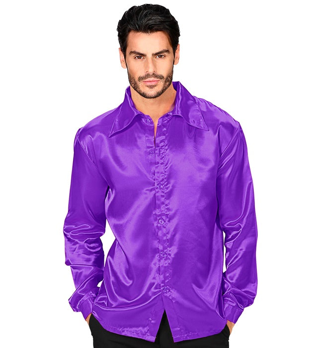 Lila Discohemd im 70er Jahre Stil aus glänzendem Satin