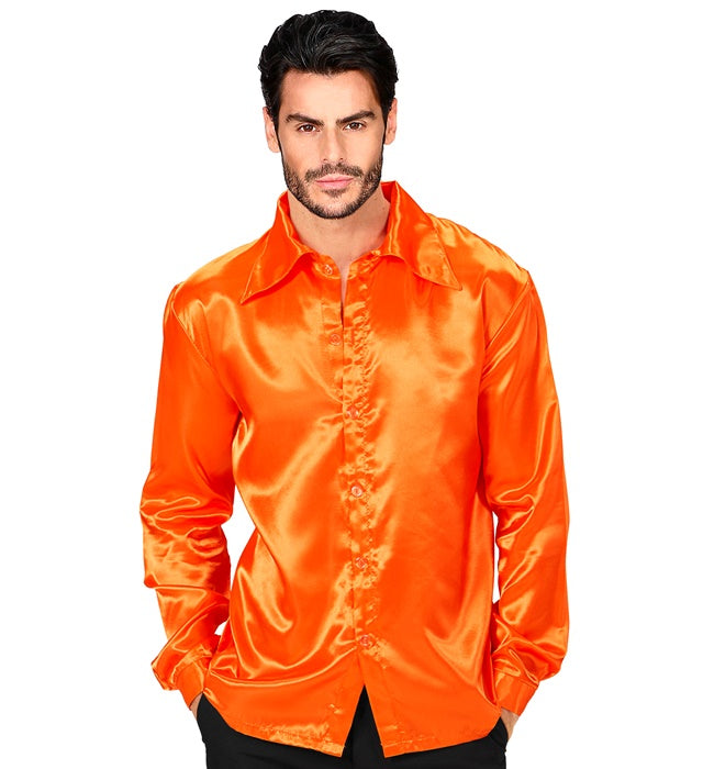 Orangefarbenes 70er Jahre Discohemd aus glänzendem Satin für Fasnacht