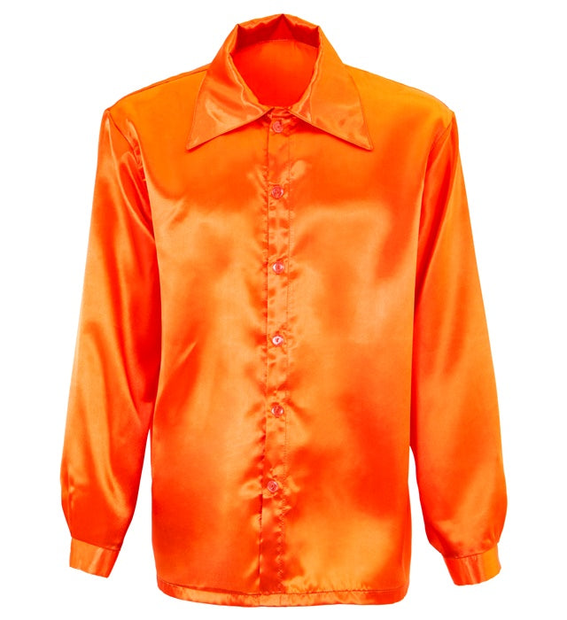 Orangefarbenes 70er Jahre Discohemd aus glänzendem Satin für Fasnacht