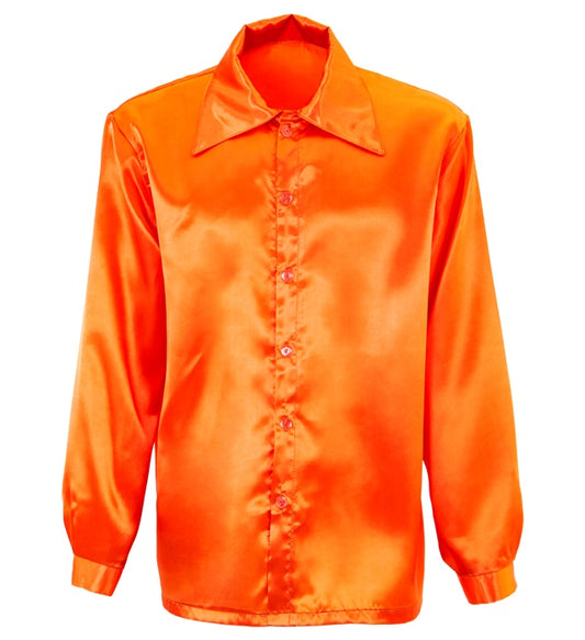 Orangefarbenes 70er Jahre Discohemd aus glänzendem Satin für Fasnacht