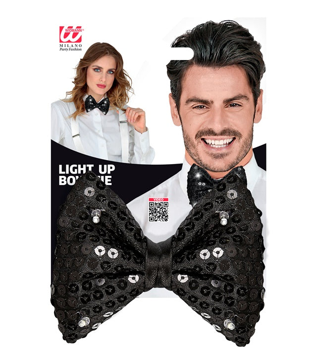 Schwarze Paillettenfliege mit vier leuchtenden LED-Lichtern