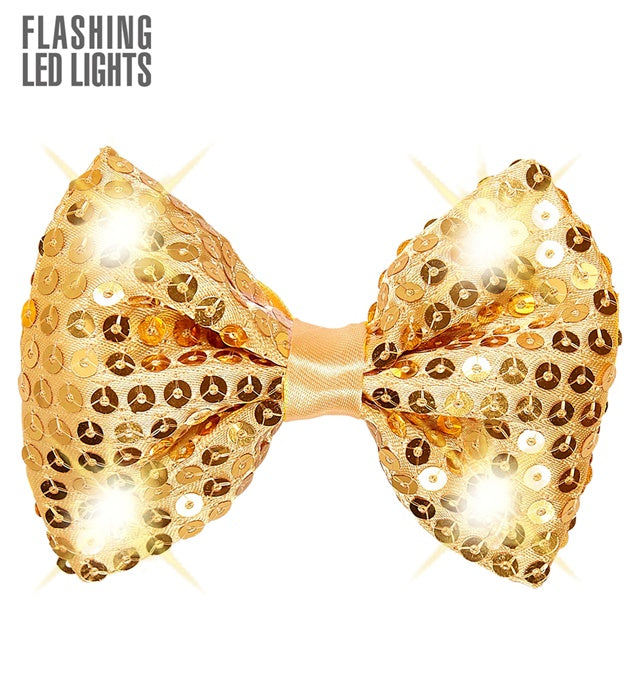 Goldene Paillettenfliege mit leuchtenden LED-Lichtern