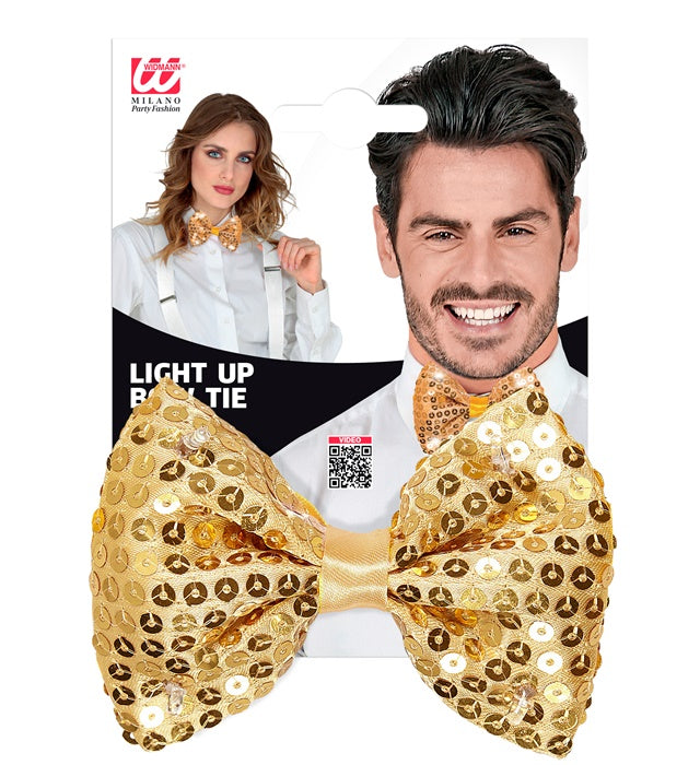 Goldene Paillettenfliege mit leuchtenden LED-Lichtern