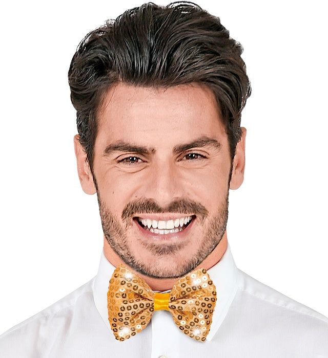 Goldene Paillettenfliege mit leuchtenden LED-Lichtern