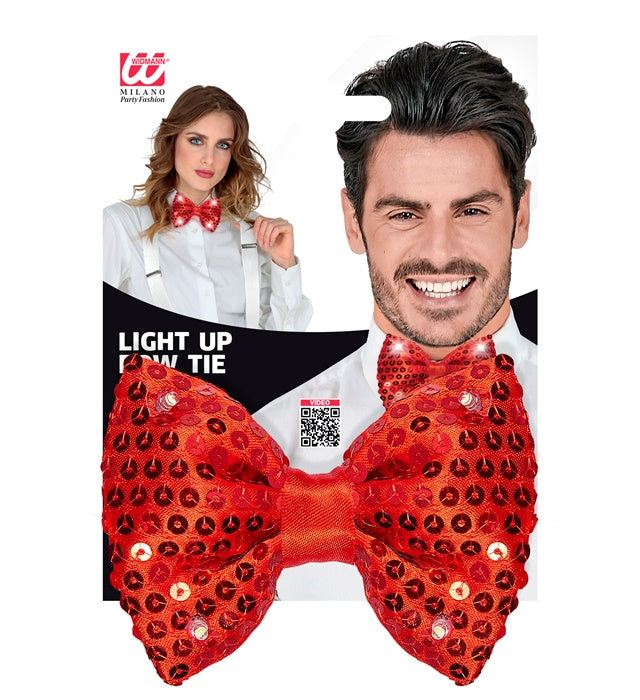 Rote Paillettenfliege mit vier leuchtenden LED-Lichtern auf schwarzem Hintergrund