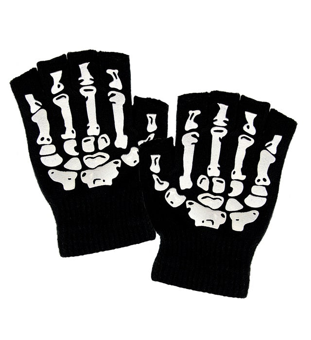 Fingerlose Handschuhe aus Wolle mit weißem Skelett-Aufdruck auf schwarzem Hintergrund