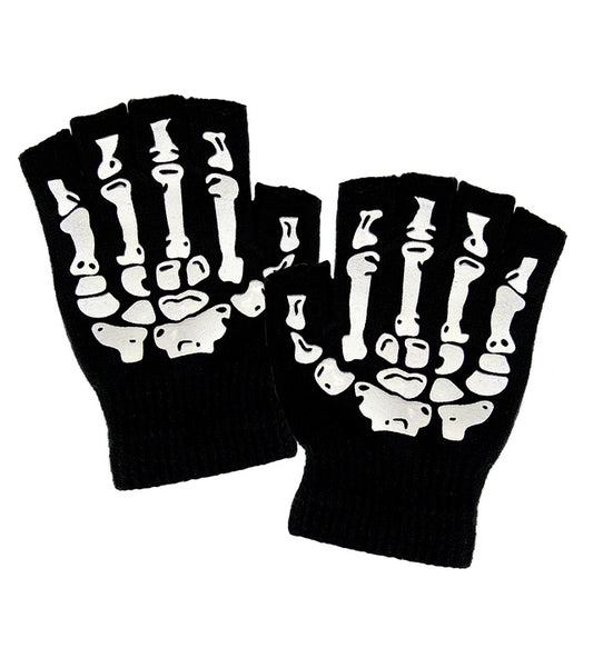 Fingerlose Handschuhe aus Wolle mit weißem Skelett-Aufdruck auf schwarzem Hintergrund