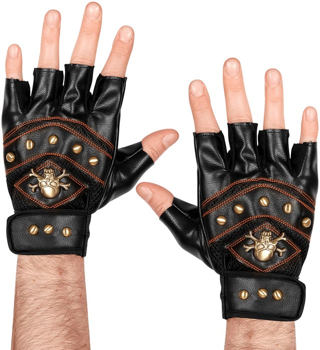 Fingerlose Handschuhe mit Nieten und Skelett- sowie gekreuzte Knochen-Aufdruck