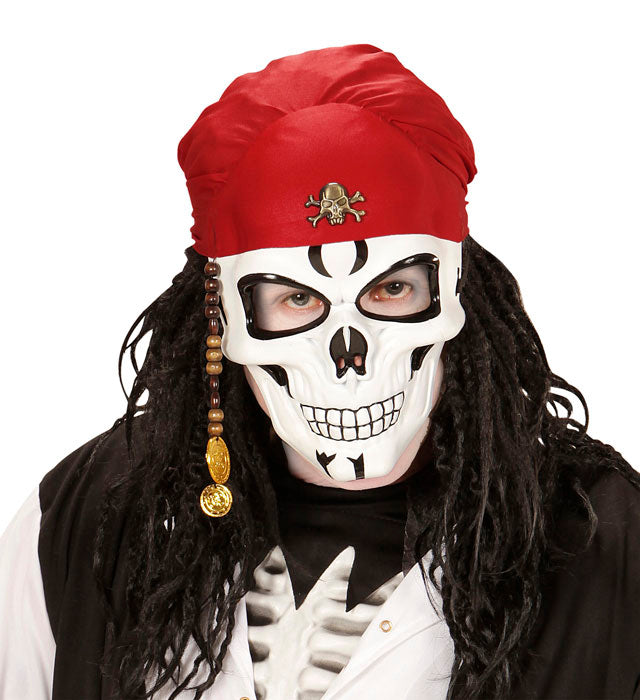 Piraten Halbmaske Totenkopf mit rotem Bandana, Bart und goldenen Dublonen