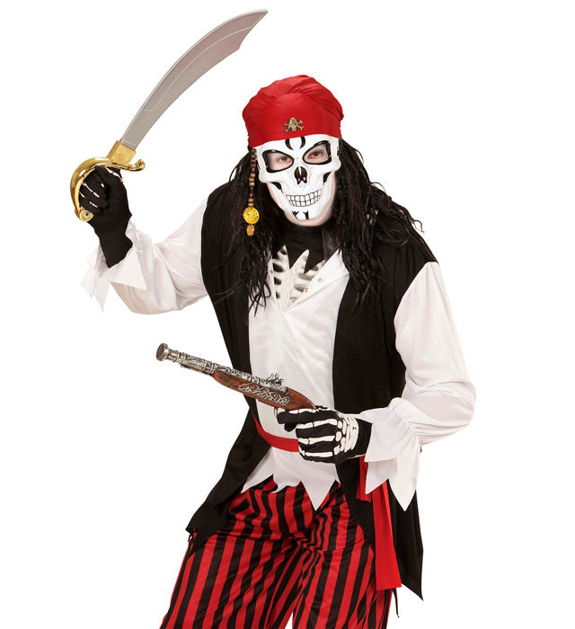 Piraten Halbmaske Totenkopf mit rotem Bandana, Bart und goldenen Dublonen