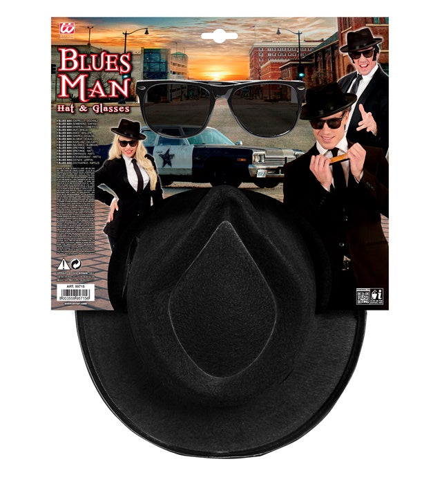 Blues Man Fasnacht-Set mit schwarzem Hut und markanter Brille