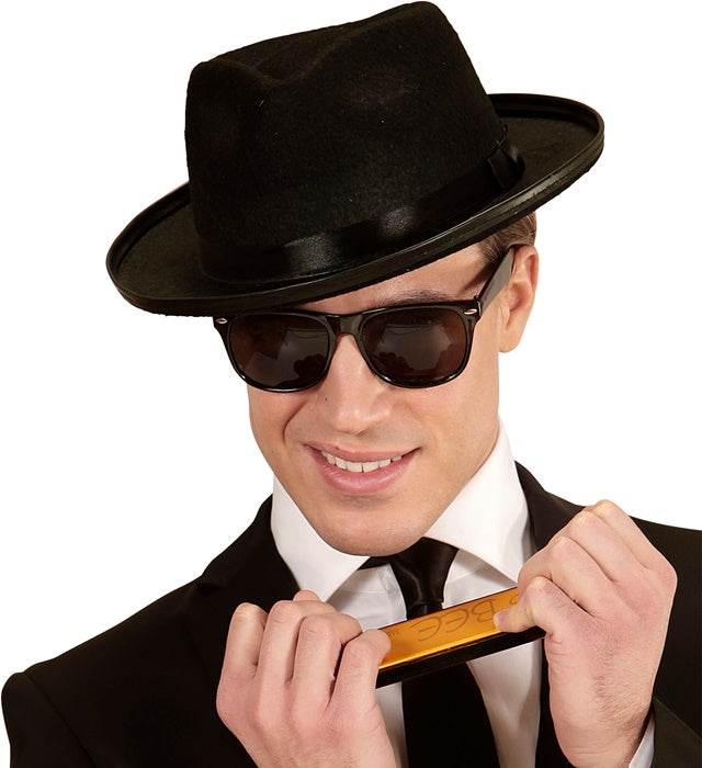 Blues Man Fasnacht-Set mit schwarzem Hut und markanter Brille