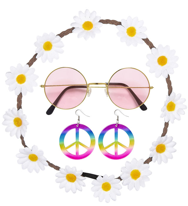 Hippie-Set mit Blumenhaarband, bunten Ohrringen und Sonnenbrille für Fasnacht