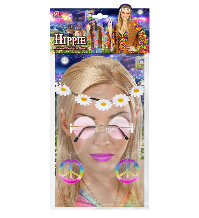 Hippie-Set mit Blumenhaarband, bunten Ohrringen und Sonnenbrille für Fasnacht