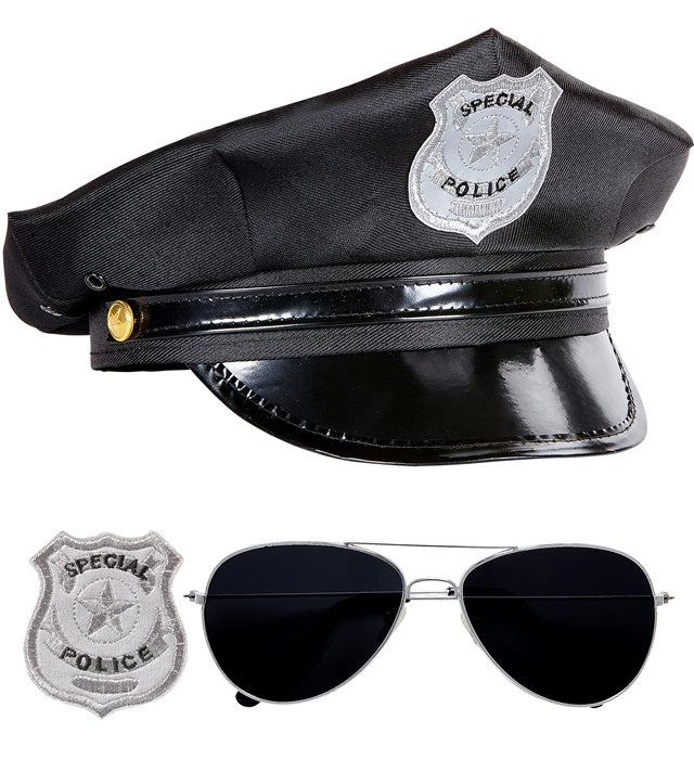Polizei-Set mit Hut, Sonnenbrille und Dienstmarke für Fasnacht
