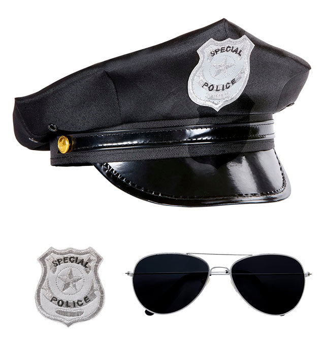 Polizei-Set mit Hut, Sonnenbrille und Dienstmarke für Fasnacht