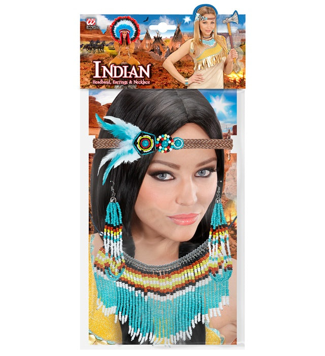 Indianerin Kostüm Set mit Haarband, Ohrringen und Kette für Fasnacht
