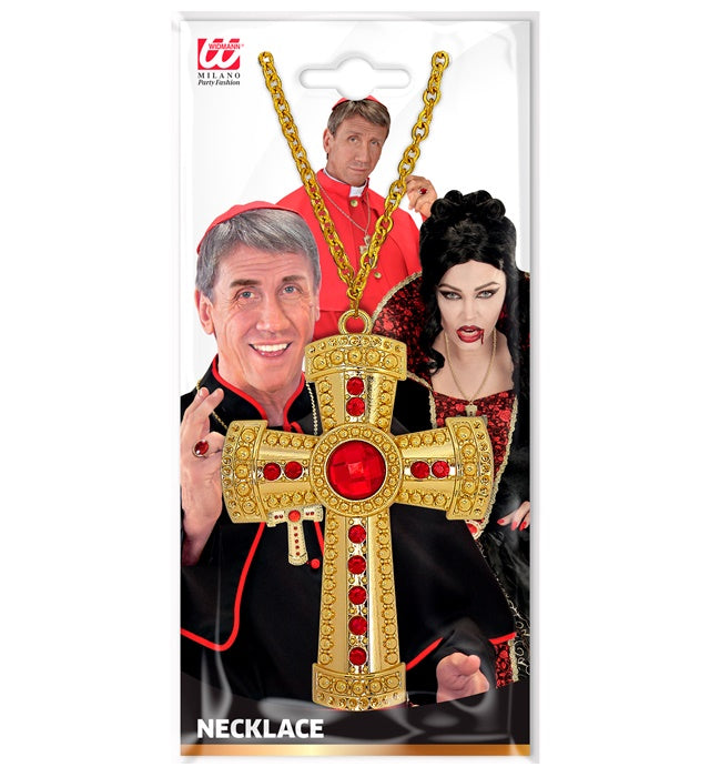 Goldene Halskette mit Kreuzanhänger und funkelnden Edelsteinen vor schwarzem Hintergrund