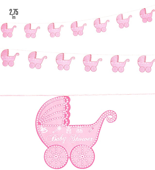 Rosa Kinderwagen Girlande 2,75 Meter lang zur Dekoration bei Babyparty