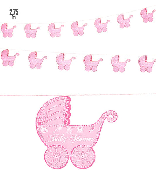 Rosa Kinderwagen Girlande 2,75 Meter lang zur Dekoration bei Babyparty