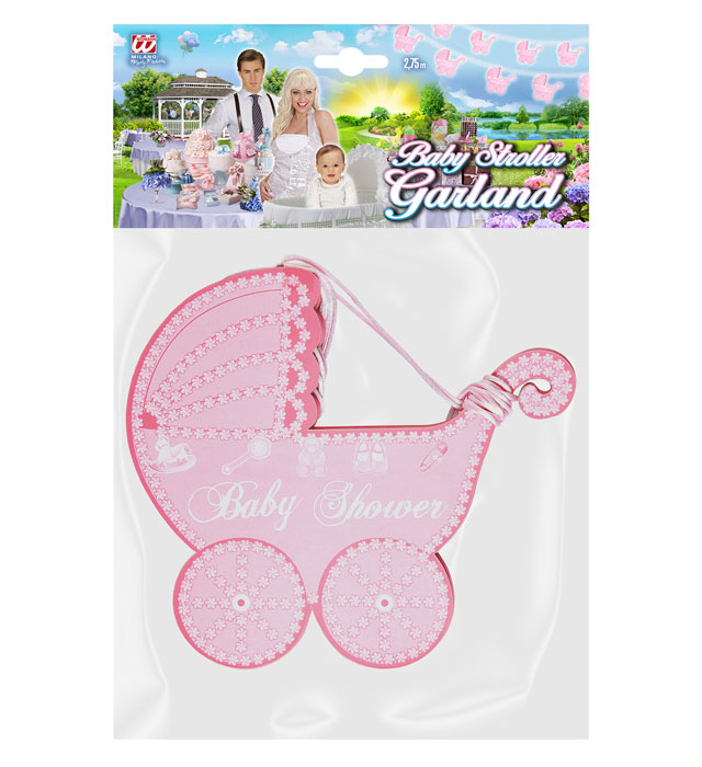 Rosa Kinderwagen Girlande 2,75 Meter lang zur Dekoration bei Babyparty
