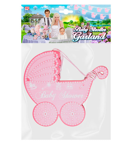 Rosa Kinderwagen Girlande 2,75 Meter lang zur Dekoration bei Babyparty