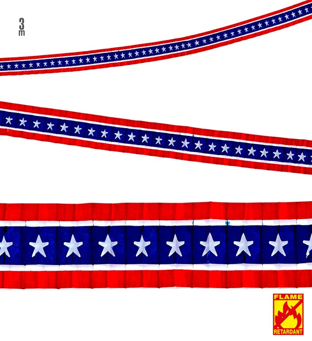 3 Meter lange USA Girlande mit weißen Sternen auf rotem und blauem Hintergrund