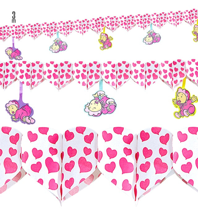 Girlande mit rosa Herzen und Babymotiven auf weißem Hintergrund, 3 Meter lang