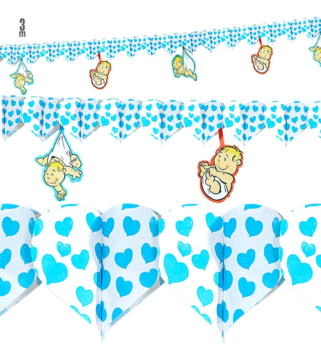 Girlande mit hellblauen Herzen und Babymotiven, 3 Meter lang