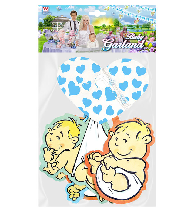 Girlande mit hellblauen Herzen und Babymotiven, 3 Meter lang