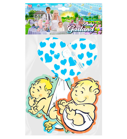 Girlande mit hellblauen Herzen und Babymotiven, 3 Meter lang